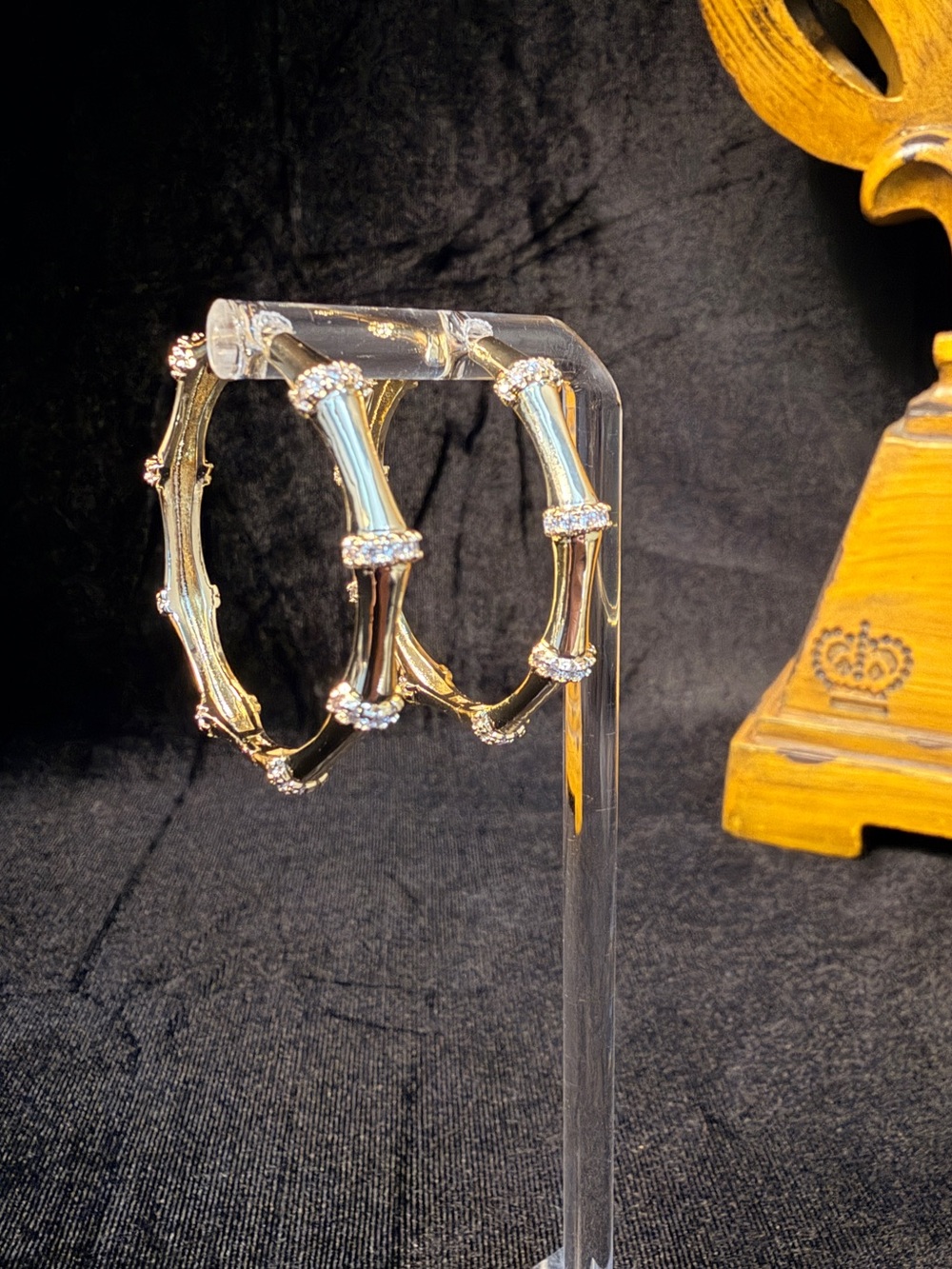 14K Gold Filled Bamboo Style Hinged Hoop Earrings w/ Round Clear AAA CZ Accents